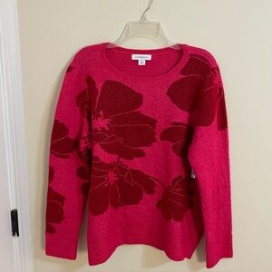 Liz Claiborne Red Pink Floral Crew Neck Ling Sleeve Sweater Women’s Size XL